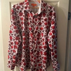 Men's Slim-Fit No-Iron Performance Stretch White Rose Print Dress Shirt